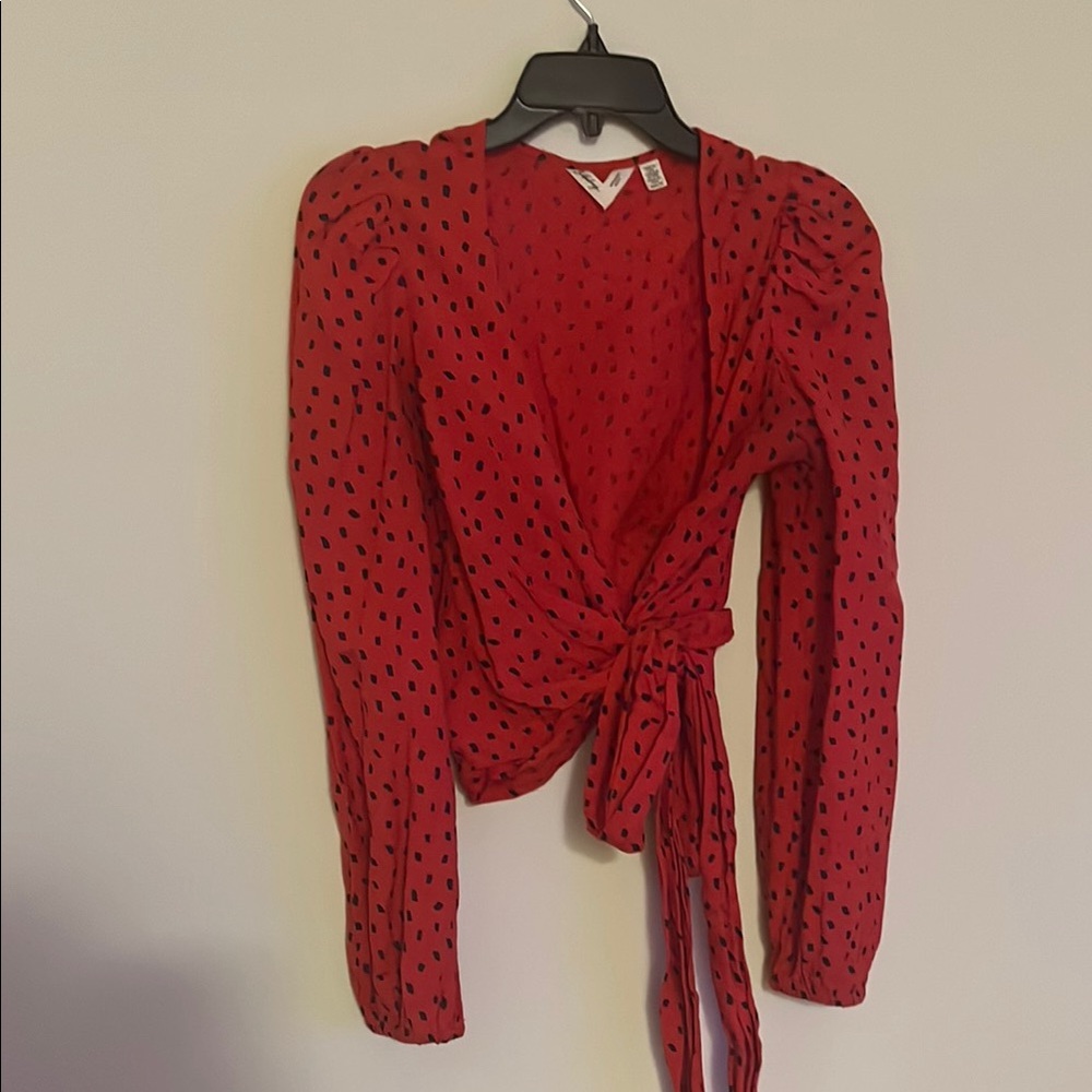 Billabong Red Wrap Crop Blouse with Long Sleeves